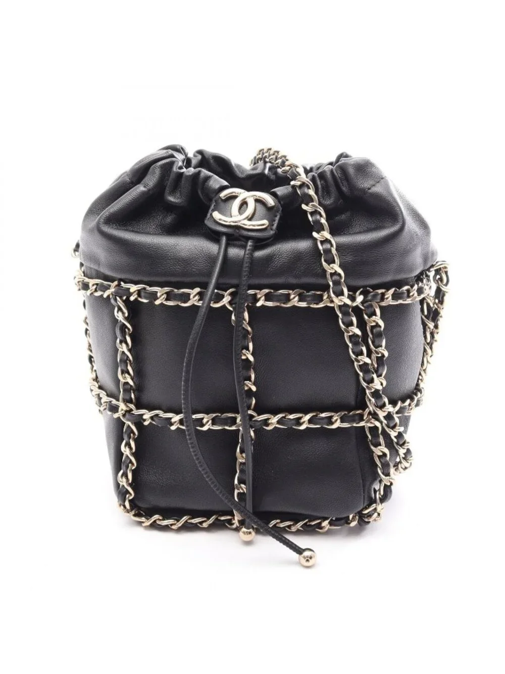 Chanel Shoulder Bag CC Logo Drawstring Black Lambskin Small